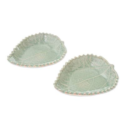 Alternate image for Leaf-Shaped Celadon Ceramic Bowls from Thailand Pair Leaves of the Forest