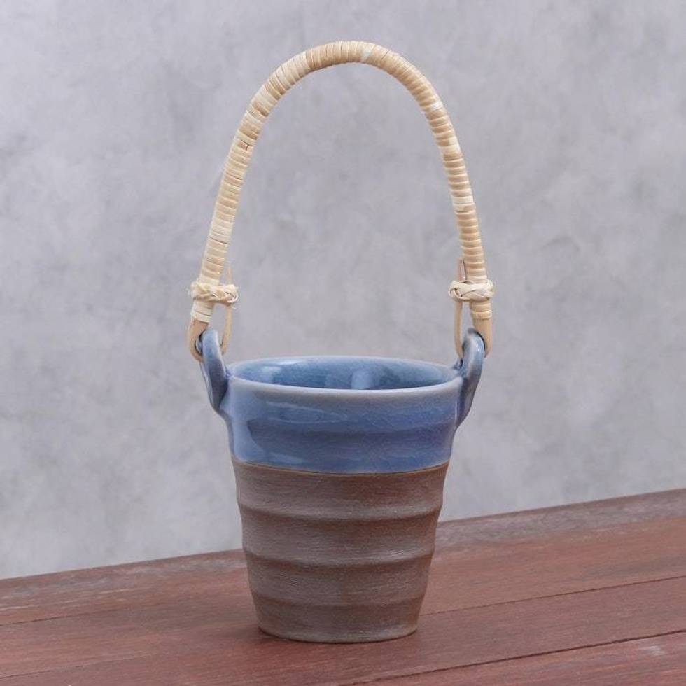 Celadon Ceramic and Natural Fiber Cup in Blue from Thailand 'Picnic Mood in Blue'