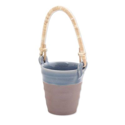 Alternate image for Celadon Ceramic and Natural Fiber Cup in Blue from Thailand Picnic Mood in Blue