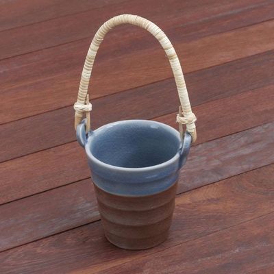 Alternate image for Celadon Ceramic and Natural Fiber Cup in Blue from Thailand Picnic Mood in Blue
