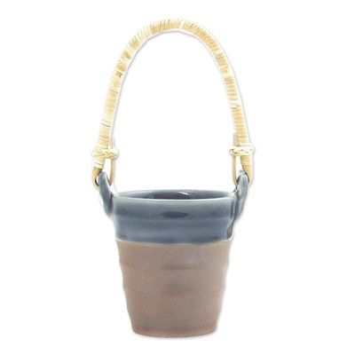 Alternate image for Celadon Ceramic and Natural Fiber Cup in Blue from Thailand Picnic Mood in Blue