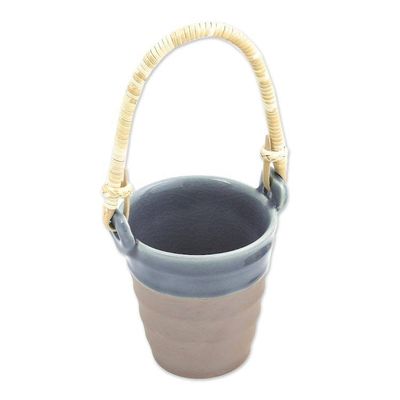 Alternate image for Celadon Ceramic and Natural Fiber Cup in Blue from Thailand Picnic Mood in Blue