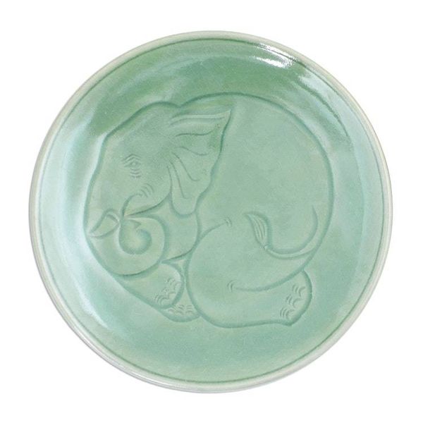 Alternate image for Elephant Motif Handcrafted Thai Celadon Ceramic Dinner Plate Sleeping Elephant