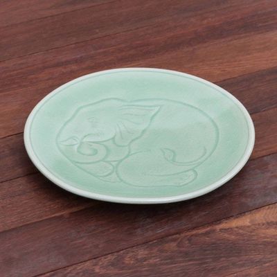 Alternate image for Elephant Motif Handcrafted Thai Celadon Ceramic Dinner Plate Sleeping Elephant