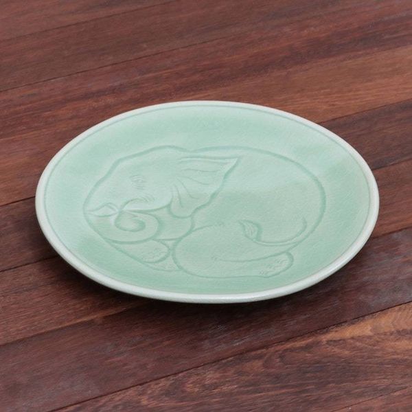 Alternate image for Elephant Motif Handcrafted Thai Celadon Ceramic Dinner Plate Sleeping Elephant