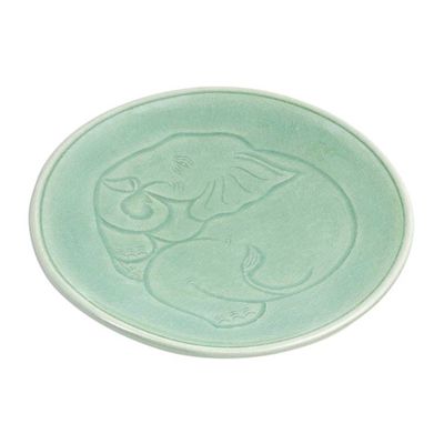 Alternate image for Elephant Motif Handcrafted Thai Celadon Ceramic Dinner Plate Sleeping Elephant