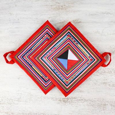 Alternate image for Pair of Handmade Cotton Blend Trivets from Thailand Lahu Cooking in Red