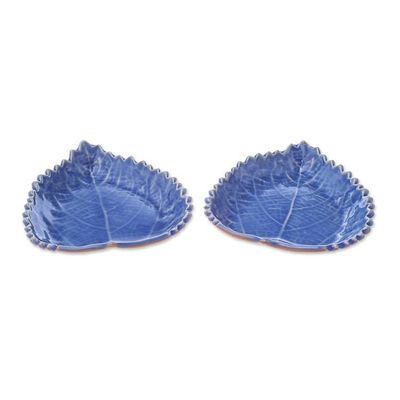 Alternate image for Leaf-Shaped Blue Ceramic Bowls from Thailand Pair Leaves of the Forest