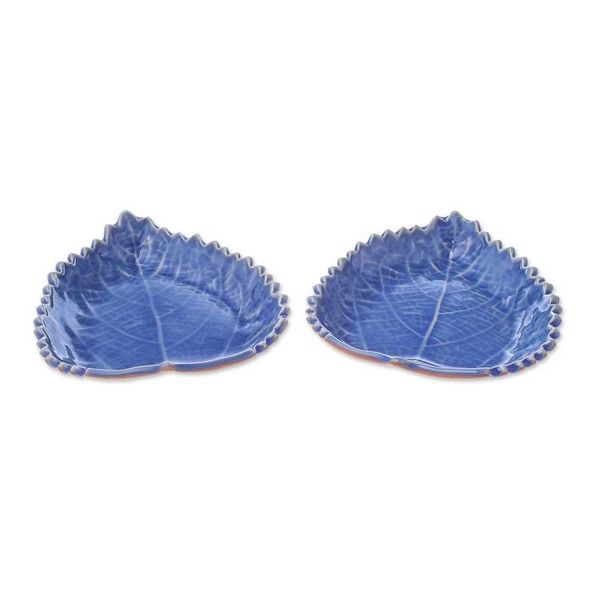 Alternate image for Leaf-Shaped Blue Ceramic Bowls from Thailand Pair Leaves of the Forest
