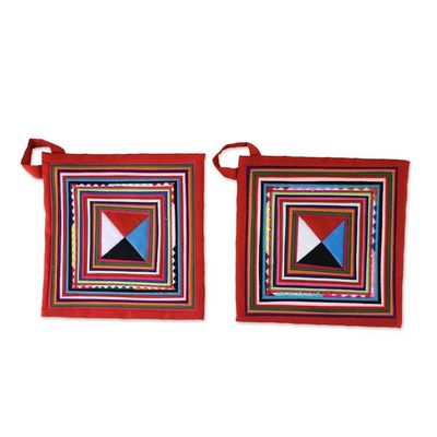 Alternate image for Pair of Handmade Cotton Blend Trivets from Thailand Lahu Cooking in Red