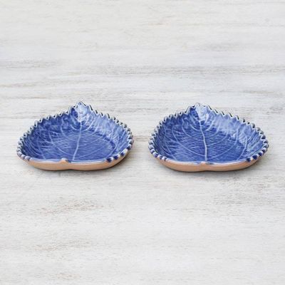 Alternate image for Leaf-Shaped Blue Ceramic Bowls from Thailand Pair Leaves of the Forest