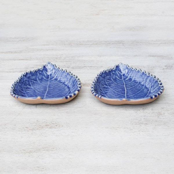 Alternate image for Leaf-Shaped Blue Ceramic Bowls from Thailand Pair Leaves of the Forest