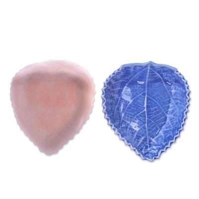 Alternate image for Leaf-Shaped Blue Ceramic Bowls from Thailand Pair Leaves of the Forest