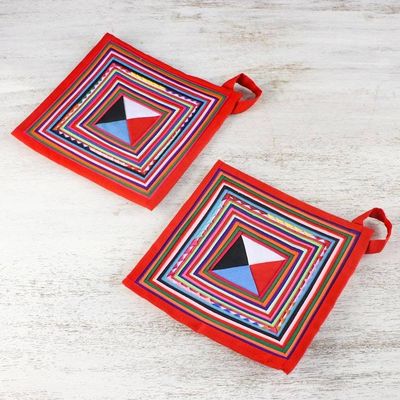 Alternate image for Pair of Handmade Cotton Blend Trivets from Thailand Lahu Cooking in Red