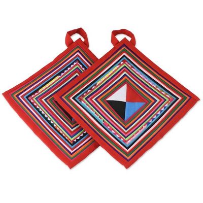 Alternate image for Pair of Handmade Cotton Blend Trivets from Thailand Lahu Cooking in Red