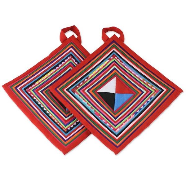 Alternate image for Pair of Handmade Cotton Blend Trivets from Thailand Lahu Cooking in Red