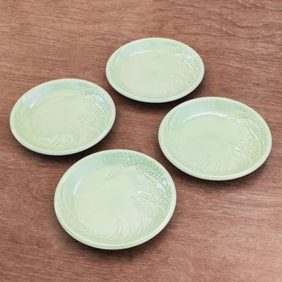Alternate image for Rice-Themed Celadon Ceramic Plates from Thailand Set of 4 Thai Rice