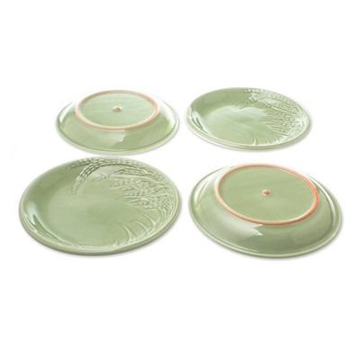 Alternate image for Rice-Themed Celadon Ceramic Plates from Thailand Set of 4 Thai Rice