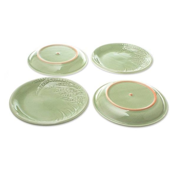 Alternate image for Rice-Themed Celadon Ceramic Plates from Thailand Set of 4 Thai Rice