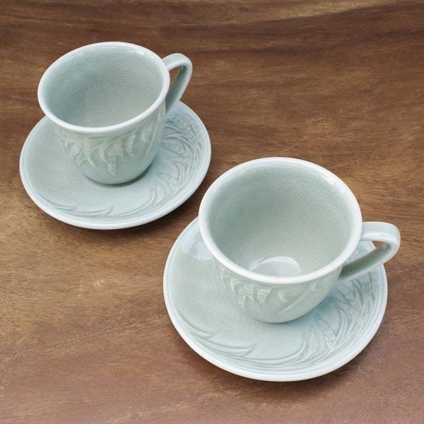 Alternate image for Handcrafted Celadon Green Ceramic Cups and Saucers Pair Waving Grains