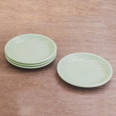 Alternate image for Rice-Themed Celadon Ceramic Plates from Thailand Set of 4 Thai Rice