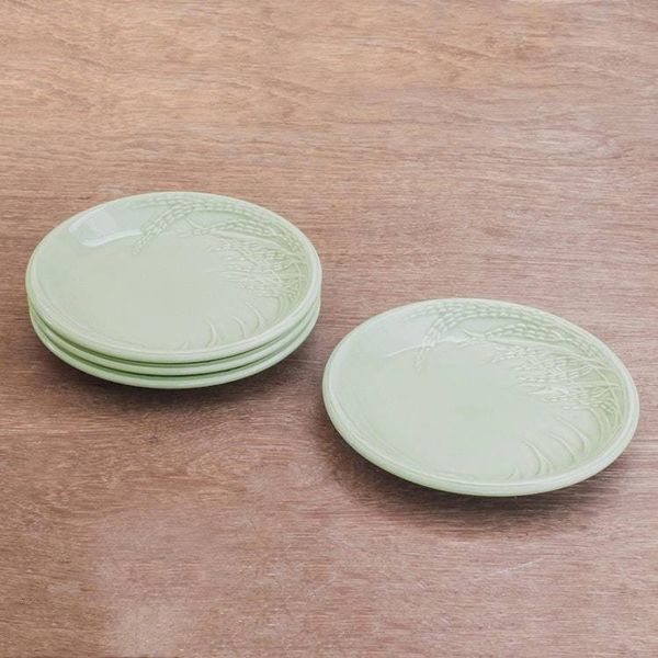 Alternate image for Rice-Themed Celadon Ceramic Plates from Thailand Set of 4 Thai Rice