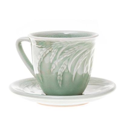Alternate image for Handcrafted Celadon Green Ceramic Cups and Saucers Pair Waving Grains