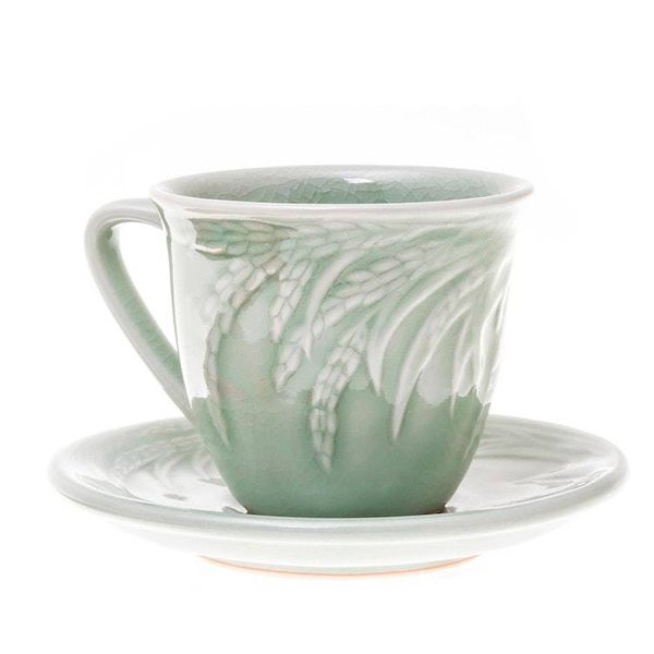 Alternate image for Handcrafted Celadon Green Ceramic Cups and Saucers Pair Waving Grains
