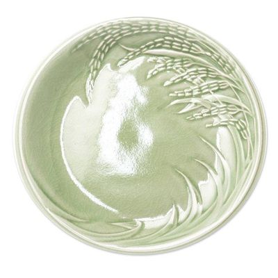 Alternate image for Rice-Themed Celadon Ceramic Plates from Thailand Set of 4 Thai Rice