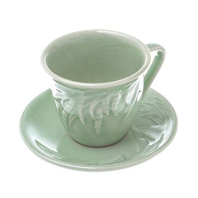 Alternate image for Handcrafted Celadon Green Ceramic Cups and Saucers Pair Waving Grains
