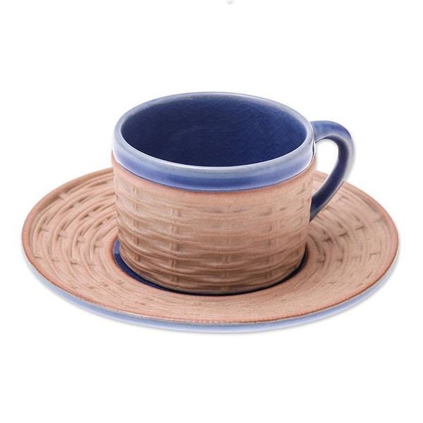 Alternate image for Handcrafted Wicker Motif Blue Ceramic Cup and Saucer Wicker in Blue