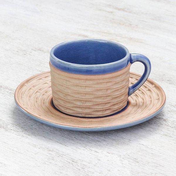 Alternate image for Handcrafted Wicker Motif Blue Ceramic Cup and Saucer Wicker in Blue