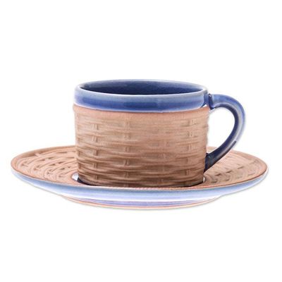 Alternate image for Handcrafted Wicker Motif Blue Ceramic Cup and Saucer Wicker in Blue