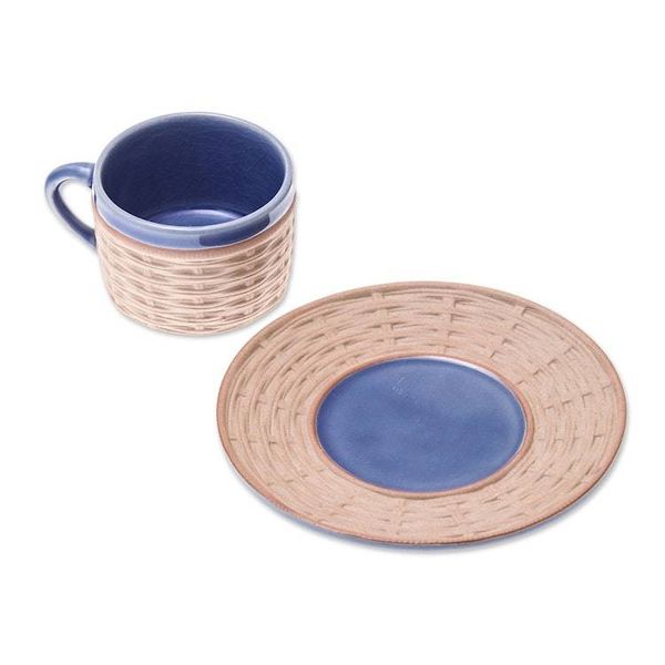 Alternate image for Handcrafted Wicker Motif Blue Ceramic Cup and Saucer Wicker in Blue