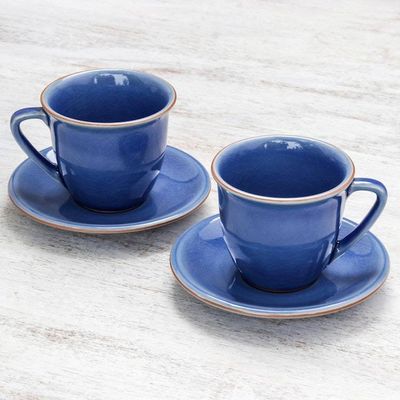 Alternate image for Handcrafted Blue Crackle Ceramic Cups and Saucers Pair Sublime Simplicity