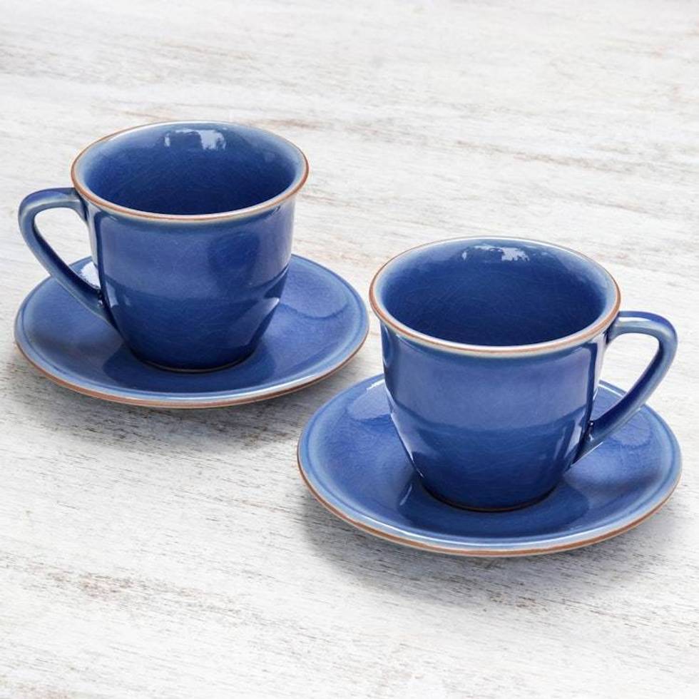 Handcrafted Blue Crackle Ceramic Cups and Saucers Pair 'Sublime Simplicity'