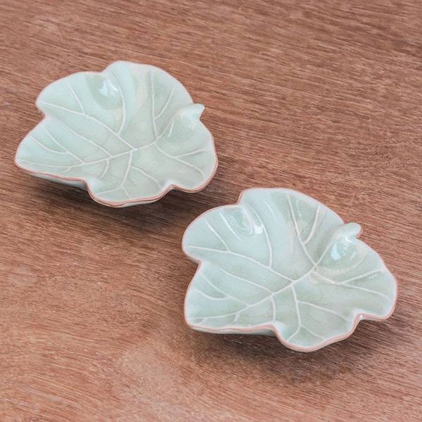 Alternate image for Leafy Celadon Ceramic Appetizer Bowls from Thailand Pair Ivy Gourd