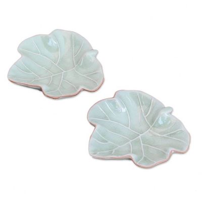 Alternate image for Leafy Celadon Ceramic Appetizer Bowls from Thailand Pair Ivy Gourd