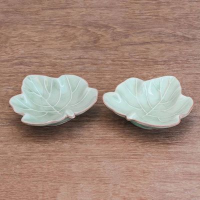 Alternate image for Leafy Celadon Ceramic Appetizer Bowls from Thailand Pair Ivy Gourd