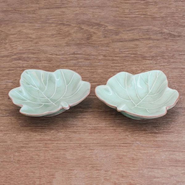 Alternate image for Leafy Celadon Ceramic Appetizer Bowls from Thailand Pair Ivy Gourd