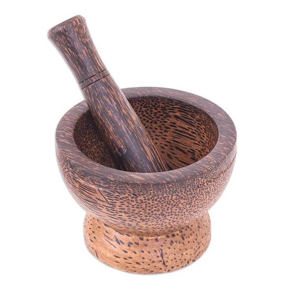 Alternate image for Palmyra Palm Wood Mortar and Pestle from Thailand Natural Strength