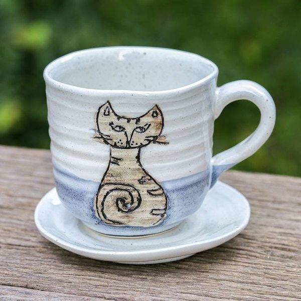 Alternate image for Handcrafted Ceramic Cup and Saucer Set with Cat Motif Whimsical Cat