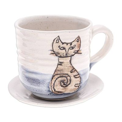 Alternate image for Handcrafted Ceramic Cup and Saucer Set with Cat Motif Whimsical Cat