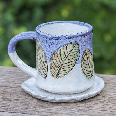 Alternate image for Handcrafted Ceramic Mug and Saucer Set with Leaf Motif Charming Leaves