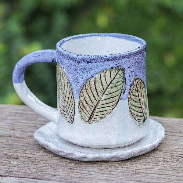 Alternate image for Handcrafted Ceramic Mug and Saucer Set with Leaf Motif Charming Leaves