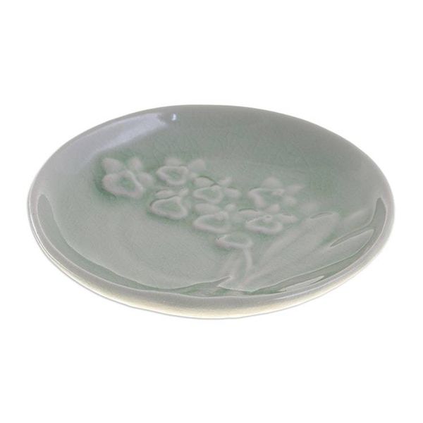 Alternate image for Handcrafted Celadon Dessert Plate Orchid Bouquet