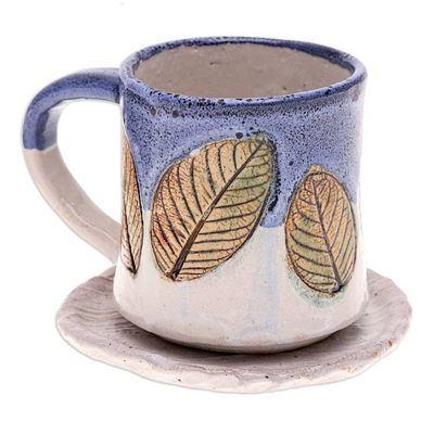 Alternate image for Handcrafted Ceramic Mug and Saucer Set with Leaf Motif Charming Leaves