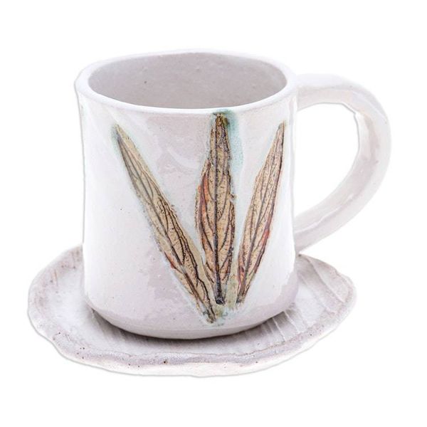 Alternate image for Handcrafted Leaf-Themed Ceramic Mug and Saucer Set Lovely Leaves