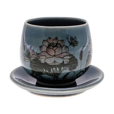 Alternate image for Handmade Celadon Ceramic Blue Cup and Saucer with Flowers Luxuriant Lotus in Blue