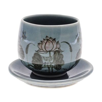 Alternate image for Handmade Celadon Ceramic Blue Cup and Saucer with Flowers Luxuriant Lotus in Blue